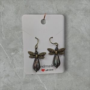 Handmade Czech Glass Angel Earrings With Antique Brass Wings NWT